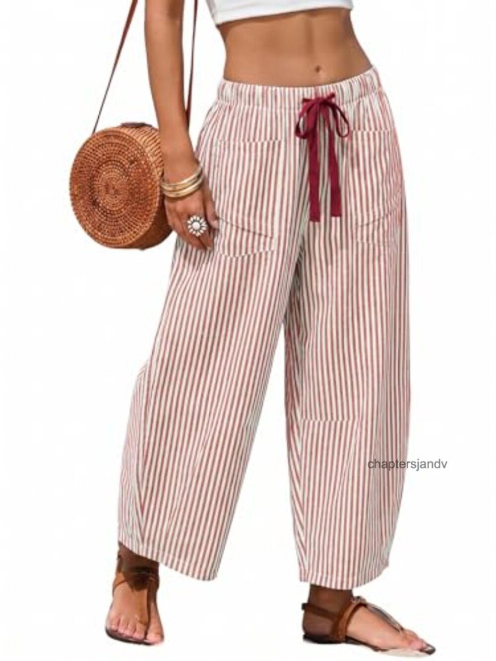 Striped Barrel Pants Summer Wide Leg Cropped Drawstring High Waist Pockets